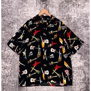 Vintage Dragonfly Shirt XL Mens Y2K Hard Rock Cafe Black Guitar Print Button Up
